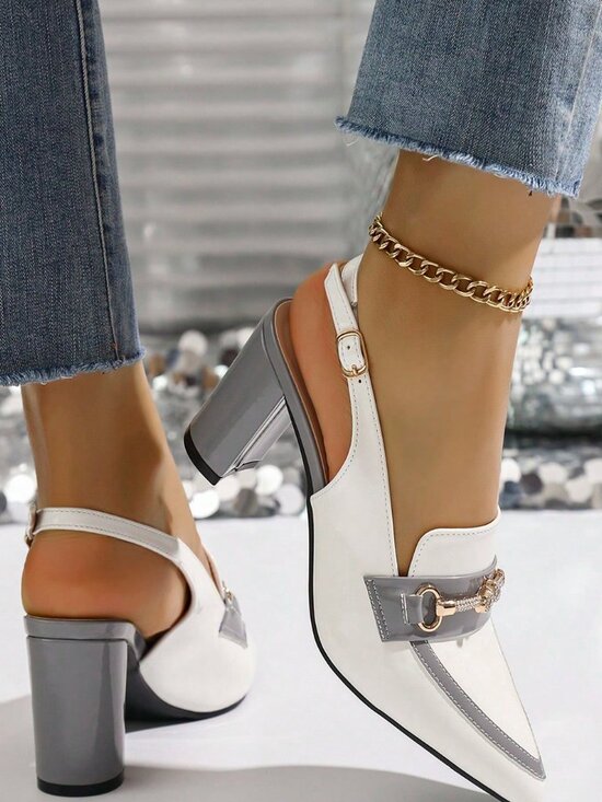 Grey Casual Chunky Heel Women's Pointed Toe Ankle Strap Sandals with Buckle - Picture 4 of 9